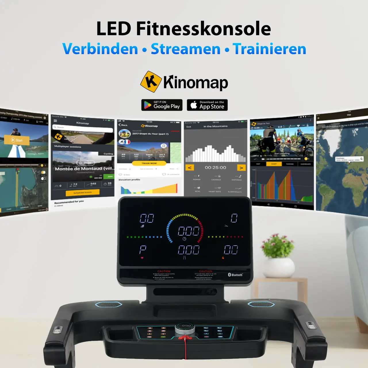 LED-Fitnesskonsole mit Kinomap – verbinden, streamen, trainieren