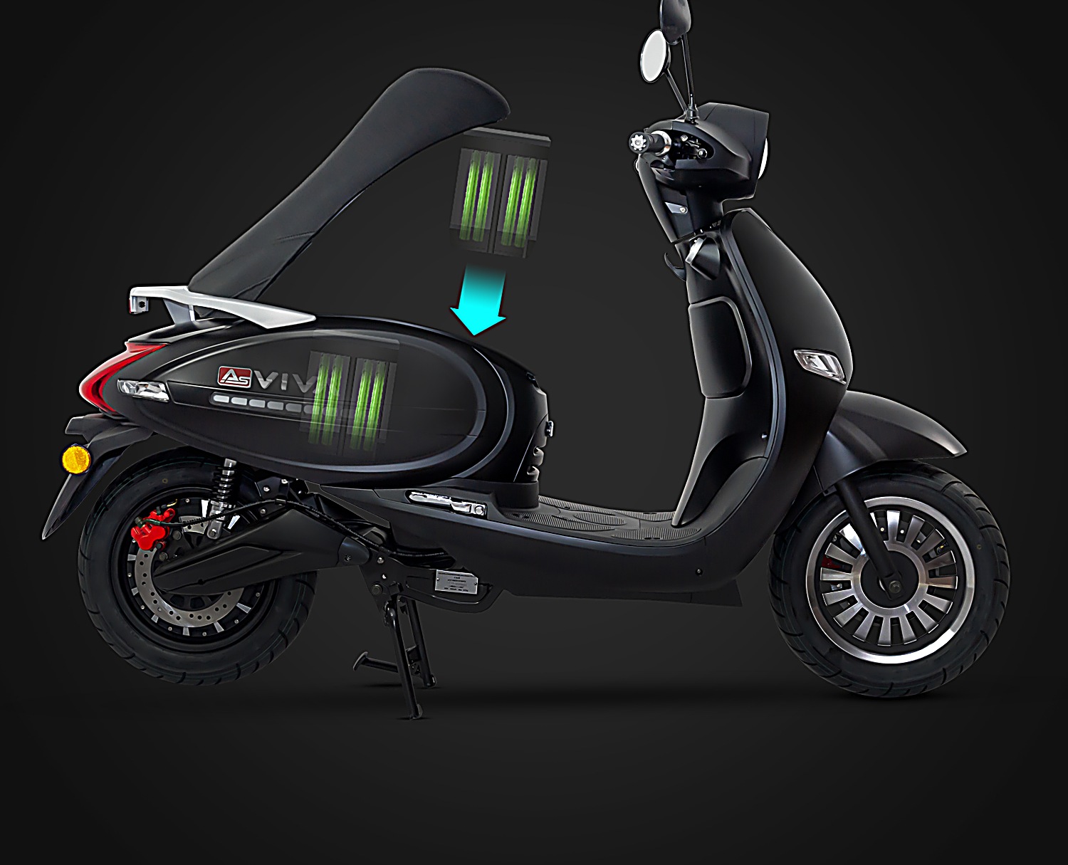 AsVIVA EM2 E-Scooter mit herausnehmbarem 60V 22,4Ah Lithium-Ionen-Akku unter der Sitzbank