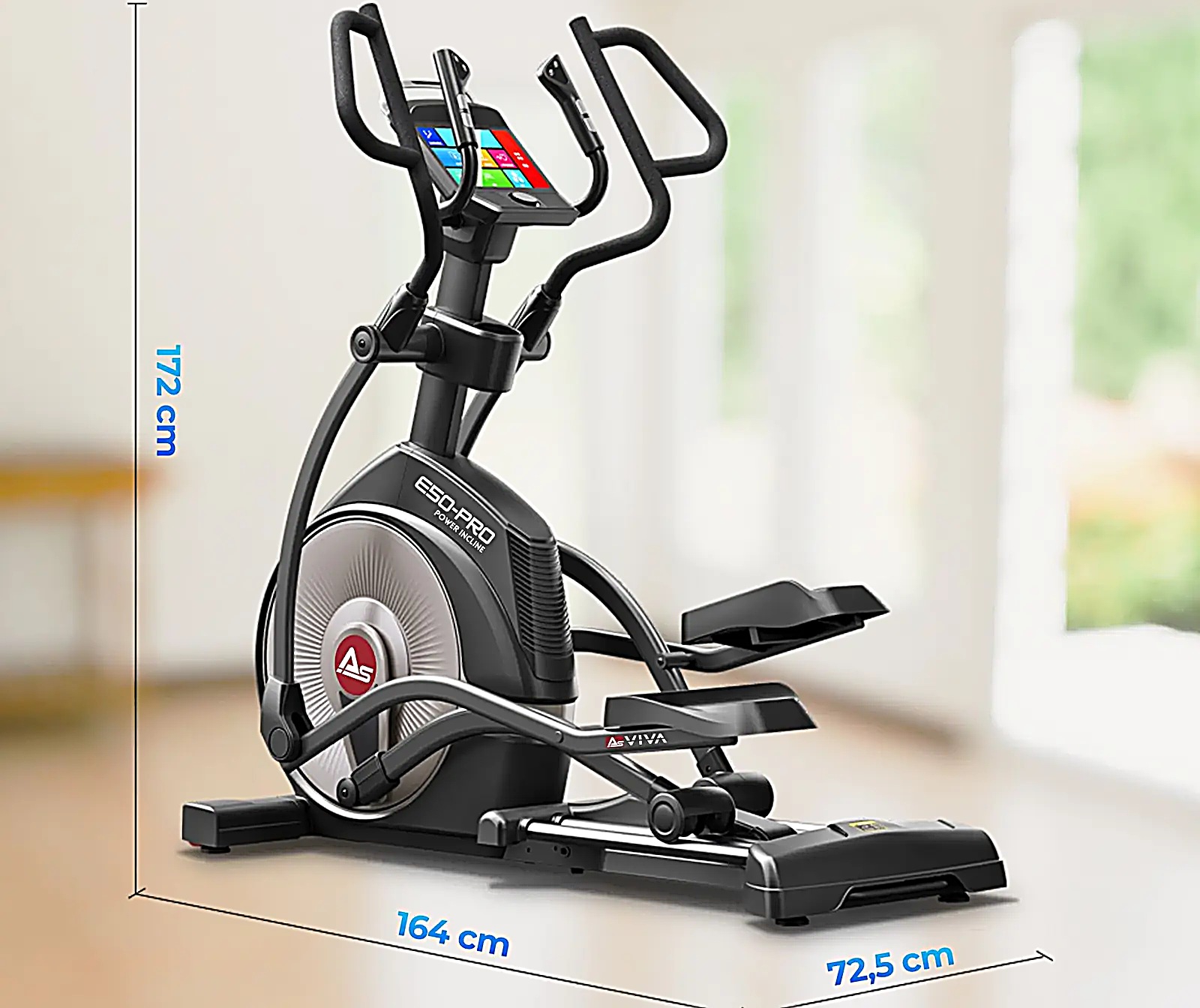AsVIVA E50 Smart Stair Pro Crosstrainer – Seitenansicht mit Merkmalen im Überblick