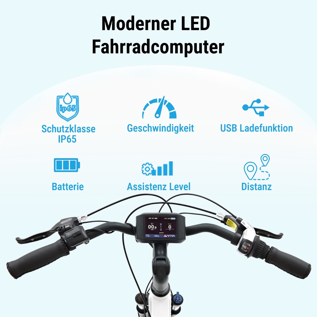 Beleuchtetes Display des AsVIVA City E-Bike B15 zeigt Geschwindigkeit, Akkustand und Unterstützungsstufe
