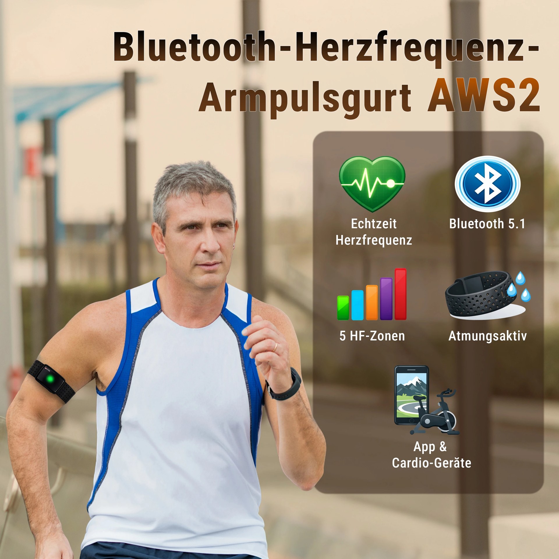 AsVIVA AWS2 Bluetooth-Herzfrequenz-Armpulsgurt – Echtzeit-Herzfrequenz, Bluetooth 5.1, 5 HF-Zonen
