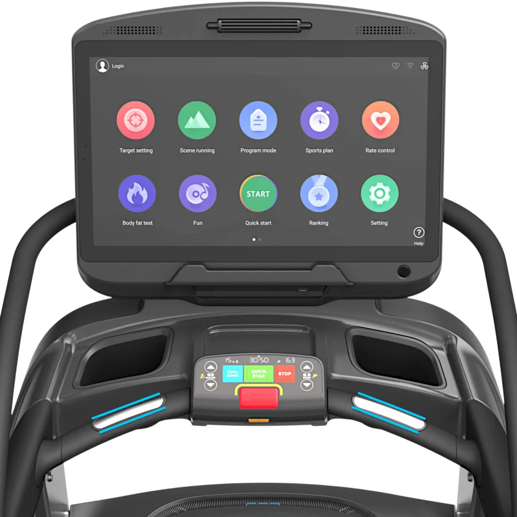 Handpulssensoren an den Haltegriffen des AsVIVA Laufbands T22 Studio Pro zur Herzfrequenzmessung