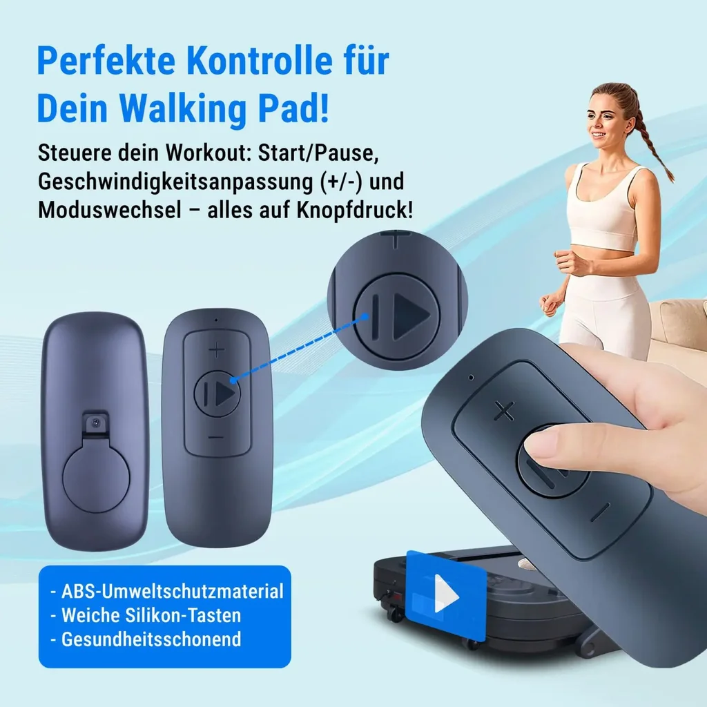 Mitgelieferte Fernbedienung des AsVIVA Walking Pad Laufband T25 zur bequemen Steuerung von Tempo und Programmen