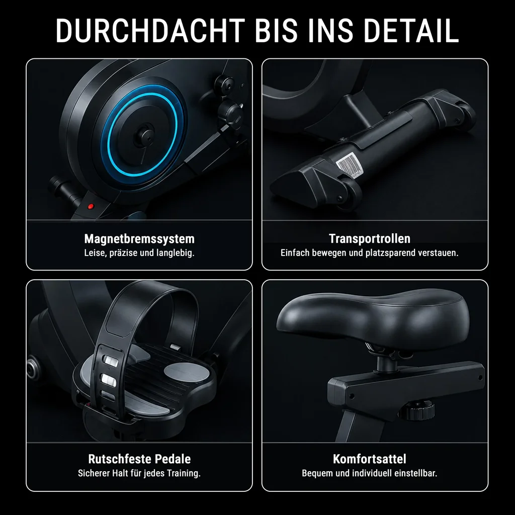 Magnetbremssystem, Transportrollen, rutschfeste Pedale und Komfortsattel des AsVIVA H12