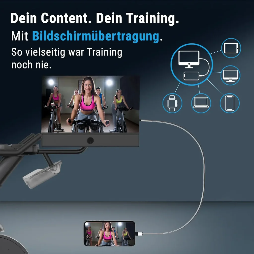 Bildschirmspiegelung des AsVIVA Speedbike S11S überträgt Trainingsinhalte auf den großen Screen